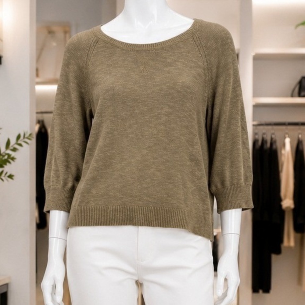 Sonoma Womens Sweater Olive Green 3/4 Sleeve Cotton Knit PXL
